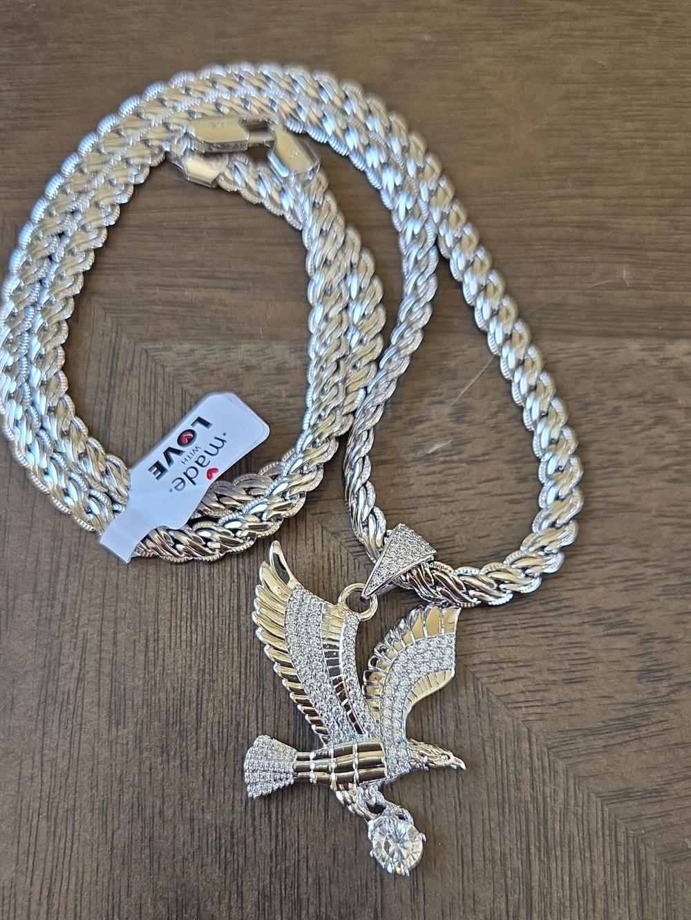 Mad Love Silver Eagle Pendant Rope Chain Necklace, XP